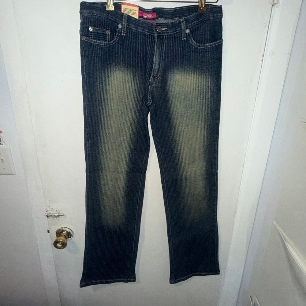 MAGIC FIT Y2K Textured Ribbed Denim Dark Indigo Blue Lime Wash Bootcut Jeans-13
